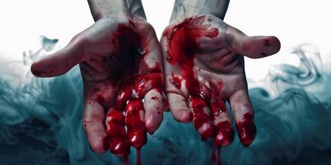Scary hands with blood on dark backgrounds, Halloween character backgrounds.