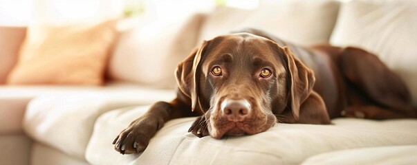 Funny lovely chocolate Labrador dog lies on the beige fabric sofa in a cozy afternoon, copy space, concept of resting, chill, relaxation, slow lifestyle. - obrazy, fototapety, plakaty