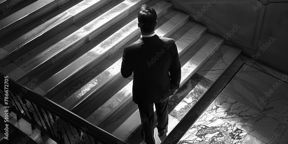 Poster a man in a suit walking up a staircase. ideal for business concepts