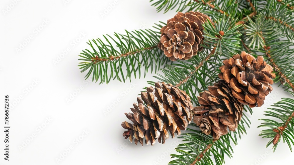 Poster pine cones hanging on a branch of a pine tree. ideal for nature and christmas themed designs