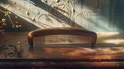 A wooden comb placed on a wooden table. Suitable for beauty or lifestyle concepts - obrazy, fototapety, plakaty