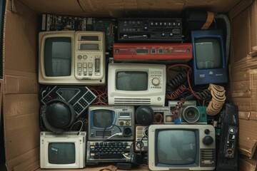 vintage electronics and gadgets in cardboard box for recycling or donation conceptual still life