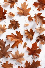 A bunch of brown leaves on a white surface. Suitable for autumn themes