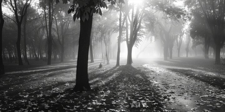 Moody black and white photo of a foggy park. Great for nature-themed projects