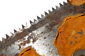 Close up of rusted steel surface texture, saw teeth.