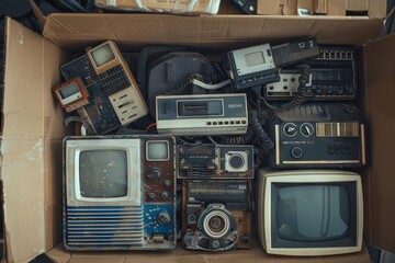 vintage electronics and gadgets in cardboard box for recycling or donation conceptual still life