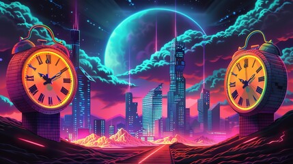 Craft a surreal dreamscape where towering, distorted clocks loom over a sprawling cityscape Infuse horror elements like twisted skyscrapers and ominous clouds Choose a pixel art digital rendering tech - obrazy, fototapety, plakaty