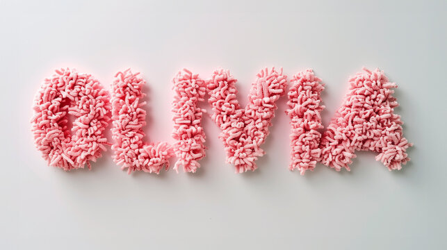 Name "Olivia" in fluffy 3D letters, furry 3D lettering for happy birthday and greeting, font made of soft fur texture for naming during celebration, girls' name