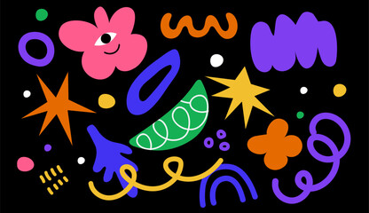 Set of abstract figures and shapes. Vector. Stickers in retro and vintage 90s style. 2000s. Collection Waves, clouds and bubbles. Elements in hand drawn style. Groovy y2k forms. Doodles. Icons hippie