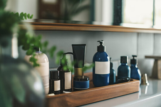 Close-up of assorted masculine skincare items neatly arranged on a modern bathroom shelf