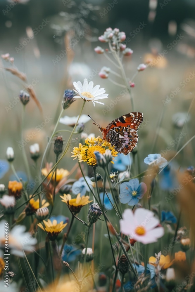 Poster a butterfly perched on a colorful field of flowers. suitable for nature and spring-themed designs