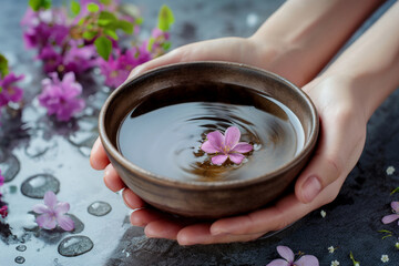 Obraz na płótnie Canvas Elegant hands holding a wooden bowl with warm water and a floating flower for a relaxing spa treatment