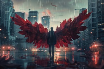 A man standing in the rain with red wings. Suitable for artistic projects - obrazy, fototapety, plakaty