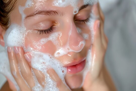 A daily gentle facial cleansing routine for healthy and glowing skin with foamy cleanser, perfect for women's skincare regimen and personal hygiene