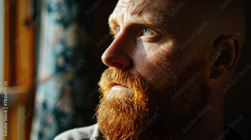 Poster A detailed image of a man with a beard. Suitable for various projects
