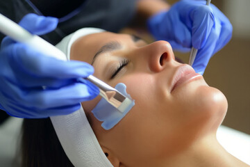 Naklejka premium Woman enjoys a relaxing professional facial peel treatment by a beautician in a spa setting