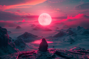 woman sitting at pink landscape with moon