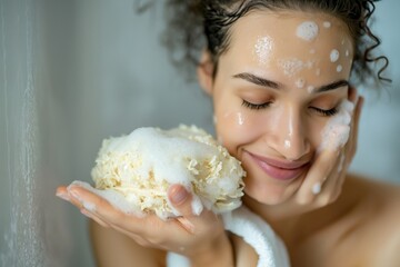 Content woman exfoliates with a natural loofah sponge, promoting clean and healthy skin