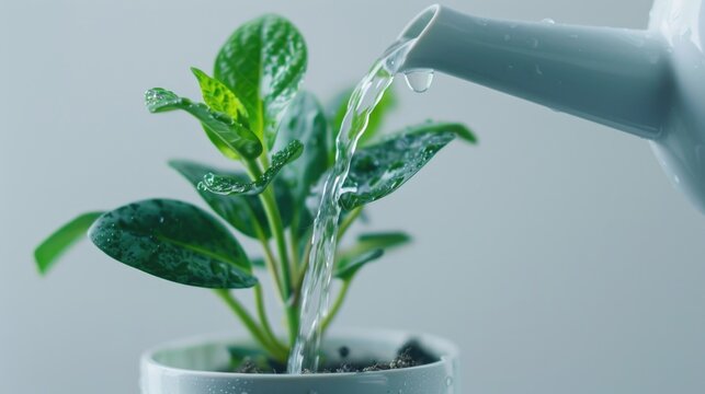 Image of a potted plant being watered, suitable for gardening or environmental concepts