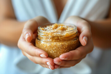 Close-up of a woman's hands cradling a jar filled with homemade natural body scrub