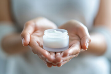 Close-up of a woman's hands presenting an open jar of anti-aging cream with care