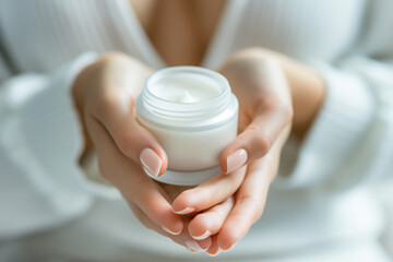 Obraz na płótnie Canvas Close-up of a woman's hands holding an open jar of anti-aging cream, showcasing skincare routine