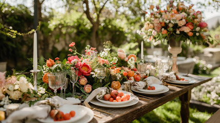 Elegant Outdoor Wedding Table Setting, Lush Floral Centerpieces, and Rustic Charm