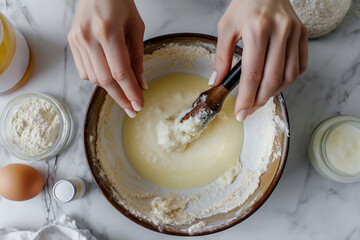 Close-up of a woman's hands stirring a mix of ingredients in a bowl for baking - Powered by Adobe