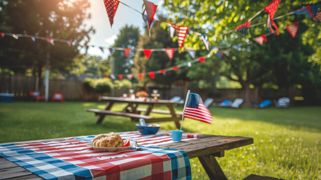Patriotic Picnic Table Set for Fourth of July Celebration, American Flags and Festive Atmosphere
