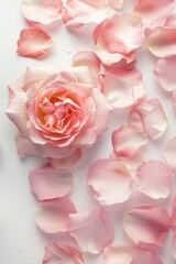 A beautiful pink rose surrounded by petals. Perfect for various floral concepts