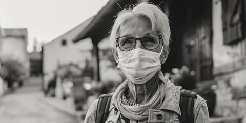 Woman wearing protective face mask on urban street, suitable for pandemic concept - obrazy, fototapety, plakaty
