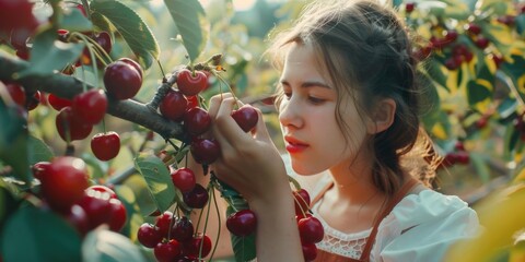 Woman picking cherries, suitable for food blog