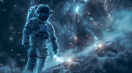 Fototapeta na wymiar Male Astronaut Lost in Outer Space,Astronaut in outer space shows hand High quality photo,An astronaut stands in front of a starry sky