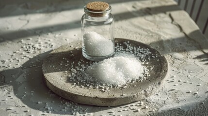 A glass jar filled with salt on a table. Suitable for cooking or kitchen themes