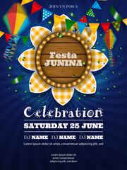 festa junina poster with sunflower shaped label and wooden signboard. june brazilian festival flyer with lanterns and pennants