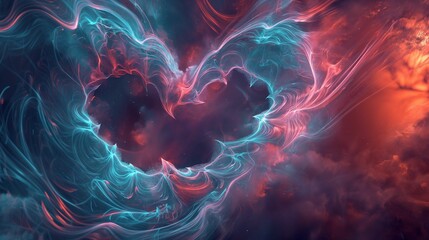 Vivid abstract art featuring a heart shape with swirling red and blue patterns, suggesting passion and depth.
