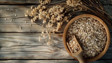 A wooden bowl filled with oatmeal next to a wooden spoon. Perfect for food and kitchen concepts - obrazy, fototapety, plakaty