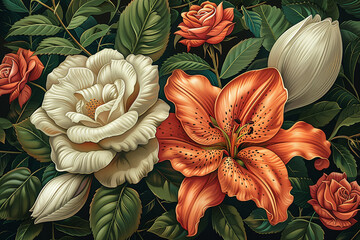 Blossoming Garden: A Beautiful Scene of Lily, Rose, and Magnolia