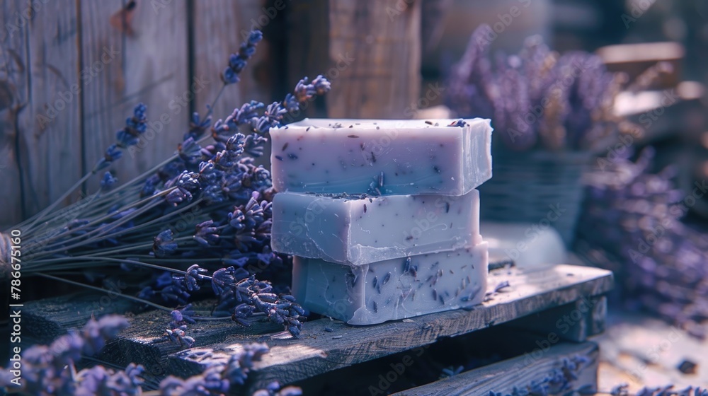 Poster a stack of soap on a wooden table, suitable for hygiene and wellness concepts