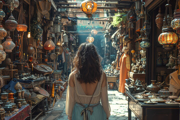 A shopper browsing the stalls of a vibrant flea market, discovering hidden treasures and unique finds. Concept of exploration and discovery. Generative Ai. - obrazy, fototapety, plakaty