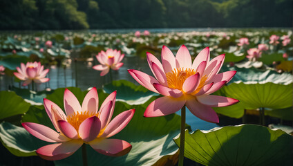stunning, lotuses ,a lake ,Japan water surface