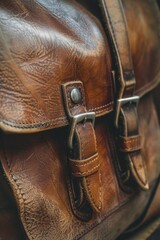 Detailed close up of a brown leather bag. Perfect for fashion or travel concepts