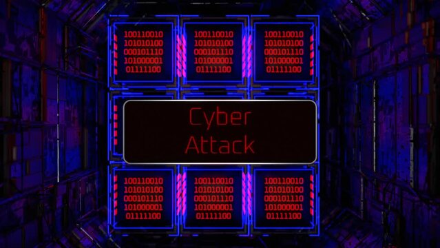 Cyberattack on a chip. Hacking the program. Cyber attack warning sign on virtual digital screen. Digital security concept. 3D render.