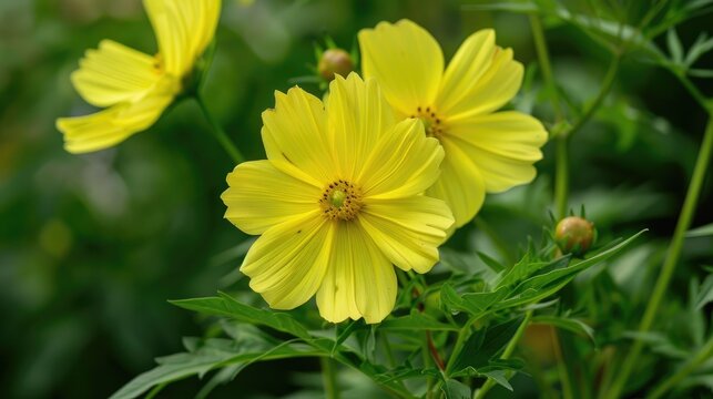 Sulfur Cosmos also known as Yellow Cosmos with green leaves in the background