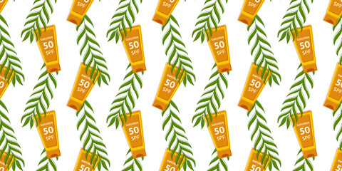Pattern Sunscreen, tropical leaves. Sun lotion SPF 50. Healthy skin care. Seamless print Sunblock. Wrapper Tube of summer cosmetics, palm leaves for packaging. Color outline image. Vector illustration