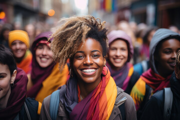 Joyful diverse crowd with smiling woman in focus - Powered by Adobe