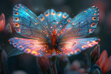 A flower with petals that shimmer like butterfly wings, attracting pollinators with their iridescence. Concept of floral mimicry. Generative Ai.