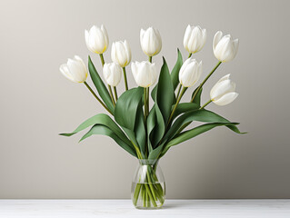 Elegant white tulips in a glass vase on a neutral background