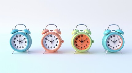 Three alarm clocks lined up next to each other. Suitable for time management concepts