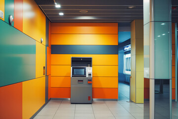 ATM, automated teller machine on the wall. Banking machine, cash point atm near shopping center entrance